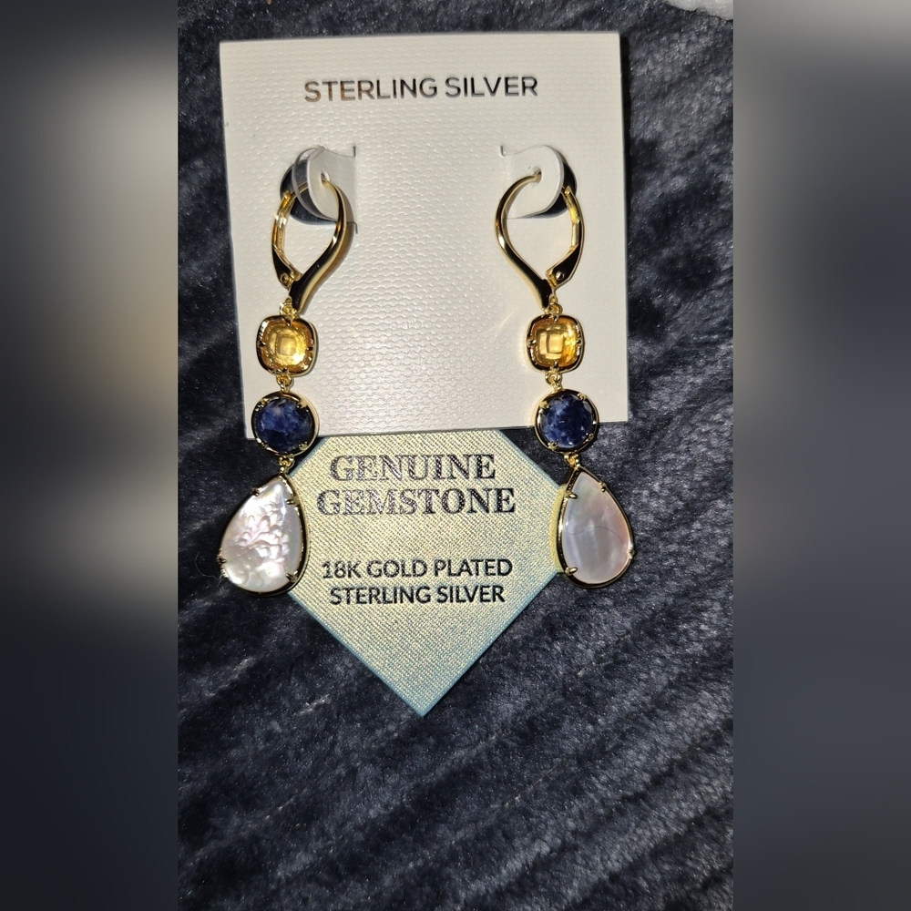 PAJ Sterling Silver 18k Gold Vermeil Triple Drop Earrings. Genuine Gemstones&MOP